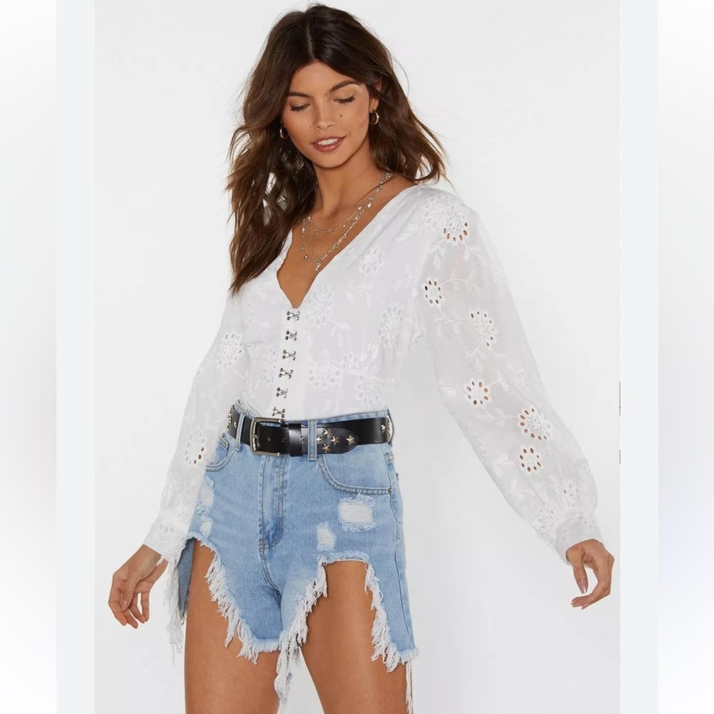 White Eyelet V-Neck Long Sleeve Top